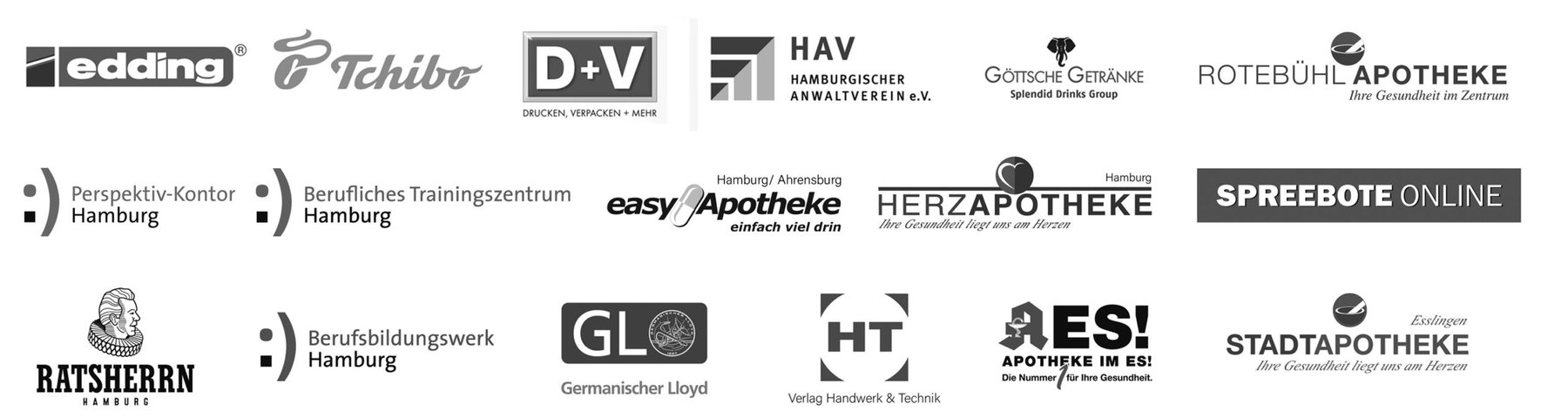 Kundenlogos: edding, Tchibo, D+V Drucken, Verpacken + mehr, Hamburgischer Anwaltverein e. V., Göttsche Getränke, Rotebühl Apotheke, Perspektiv-Kontor Hamburg, Berufliches Trainingszentrum Hamburg, easy Apotheke Hamburg/Ahrensburg, Herz Apotheke Hamburg, Spreebote Online, Ratsherrn Hamburg, Berufsbildungswerk Hamburg, Germanischer Lloyd, Verlag Handwerk & Technik, Apotheke im ES!, Stadtapotheke Esslingen